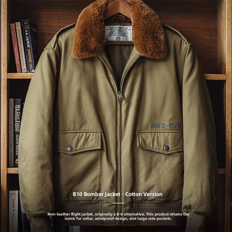 🎇🎇🛩️Men's Retro B10 bomber flight jacket cotton coat  fur collar